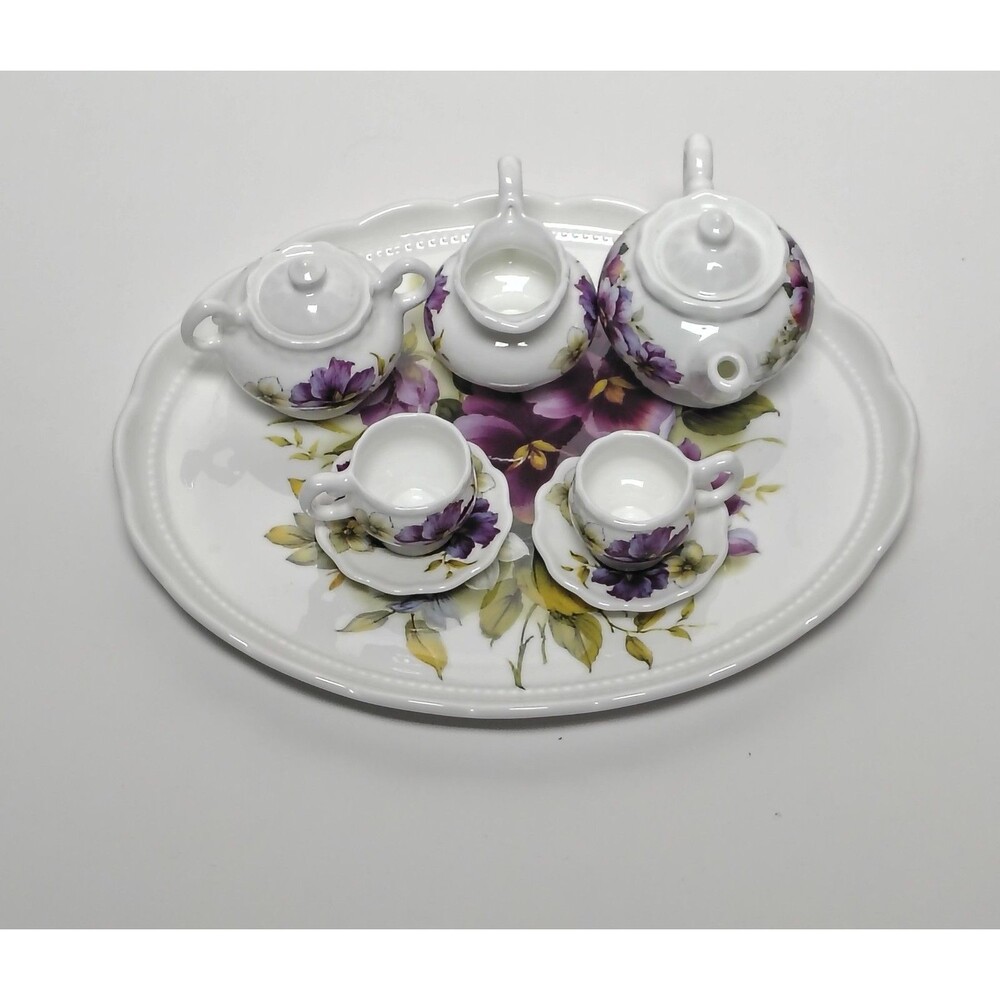 Connoisser Fine China England 9 Piece Mini Porcelain Purple Floral Tea Cup Set